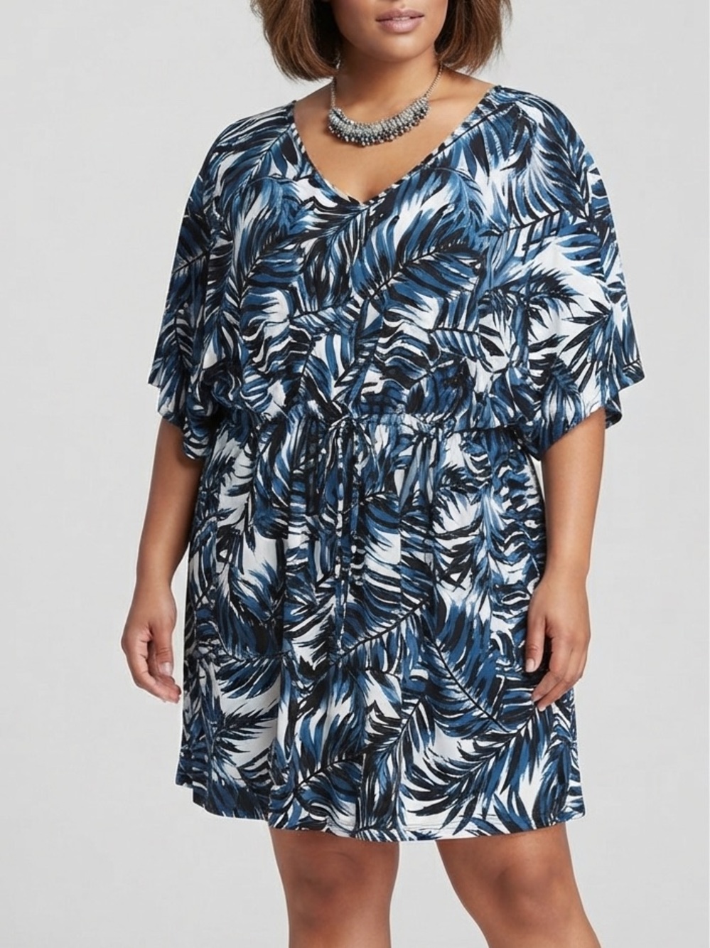 MARIO SERRANI Blue, White and Black Tropical Print Short Dress size XL